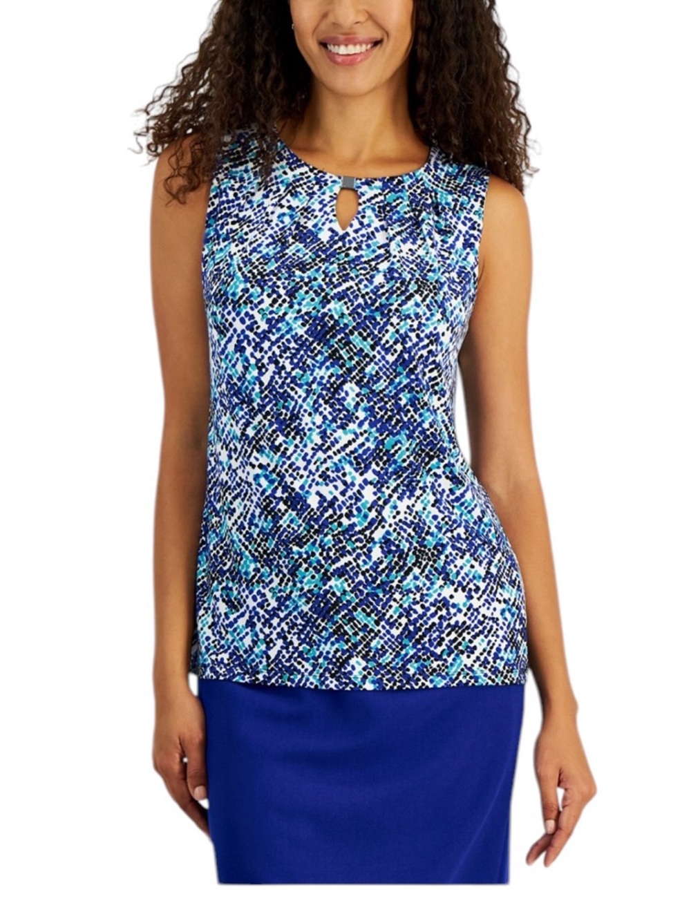 Kasper Printed Pleated Keyhole Neck Sleeveless Summer Blouse Top Shell NEW S